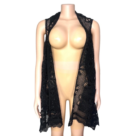Rooted Soul Women's Black Lace Kimono Style Vest With Pockets Black One Size - Picture 2 of 7